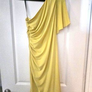 Calvin Klein yellow one shoulder dress.